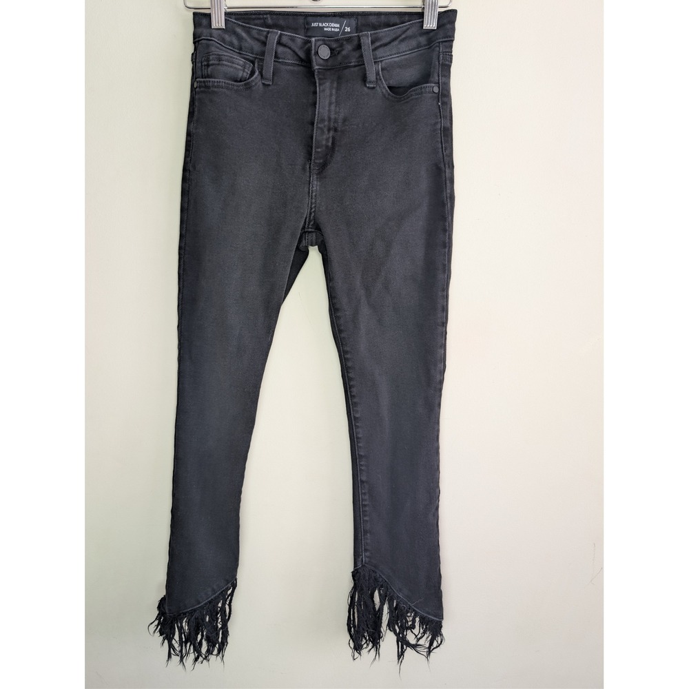 Just Black Denim Fringe Step Hem High Rise Skinny Jeans Made in USA Sz‎ 26 Black